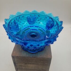 Vintage 1960s Fenton Colonial Blue Hobnail Glass 6 Candle Pedestal Bowl
